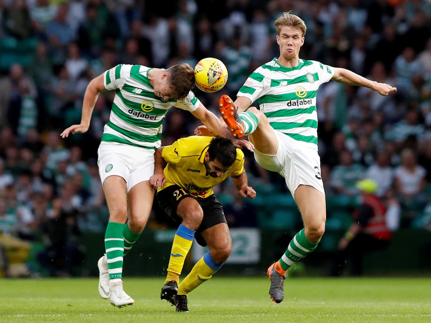 Soccer Football - Champions League - First Qualyfing Round Second Leg - Celtic v Alashkert - Celtic Park, Glasgow, Britain - July 18, 2018 Celtic's Jack Hendry and Kristoffer Ajer in action with Alashkert's Artak Grigoryan