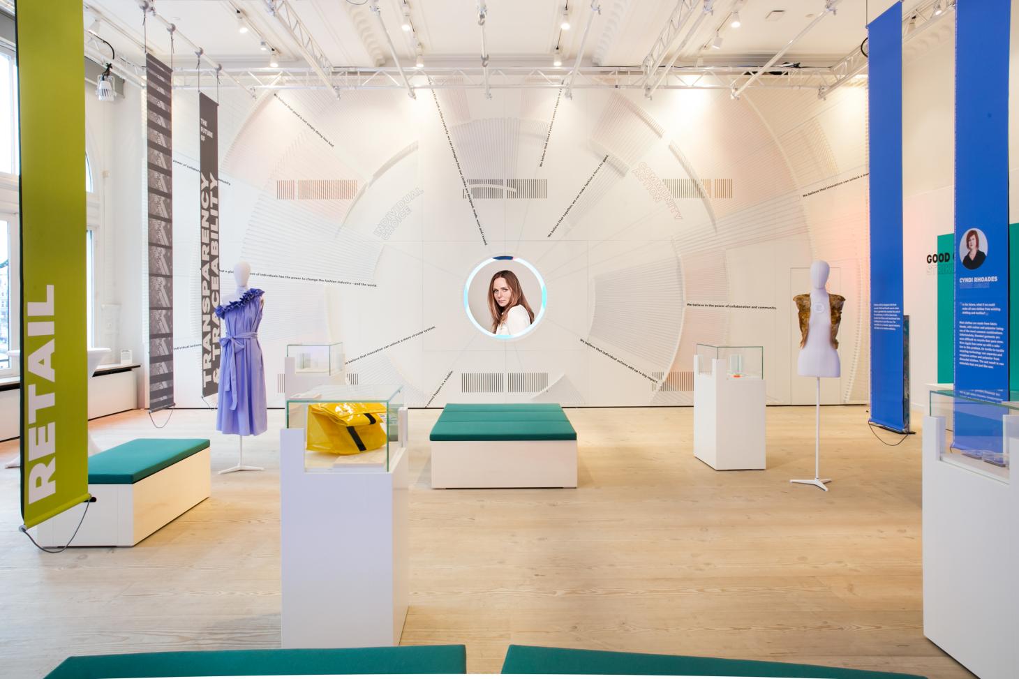 Inside the innovation lounge at the Fashion for Good Museum in Amsterdam